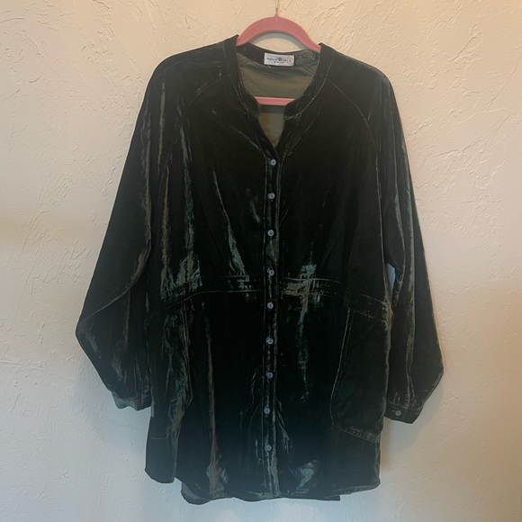 NATURAL LIFE Tops - NATURAL LIFE Emerald Green Velvet Button-Front Blouse